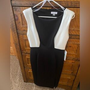 Calvin Klein black and white sleeveless sheath dress